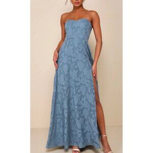 Lulus Garden of Romance Dusty Blue Floral Burnout Strapless Maxi Dress Sz Large